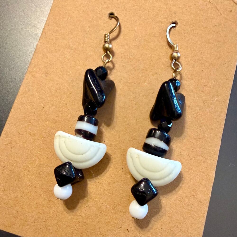 Handmade Artisan Black White Geometric Glass Dangle Earrings